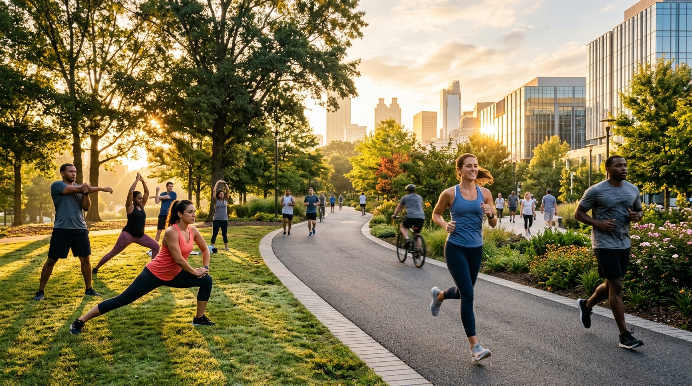 Aktívni ľudia prechádzajúci sa v parku — ranné svetlo