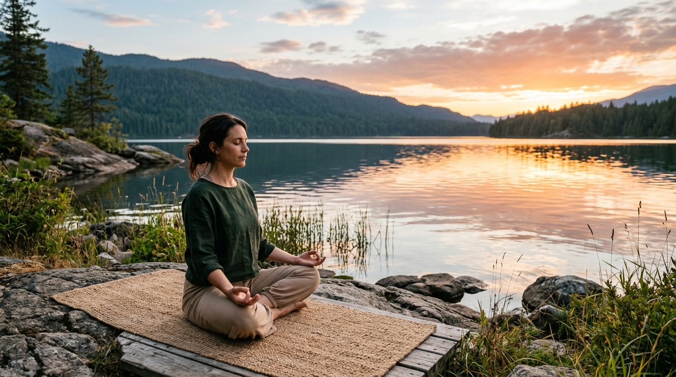 Pokojná osoba meditujúca pri jazere pri západe slnka